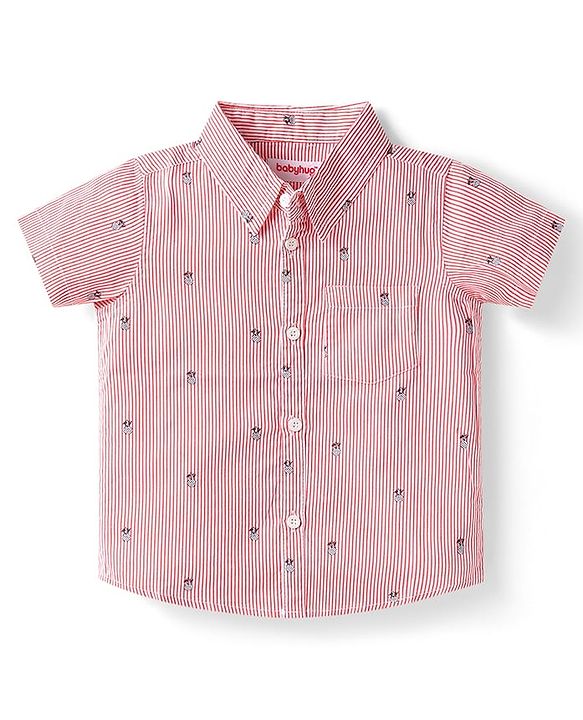 Babyhug Cotton Woven Half Sleeves Striped Shirt & Denim Shorts Set With Pineapple Print - Pink & Blue