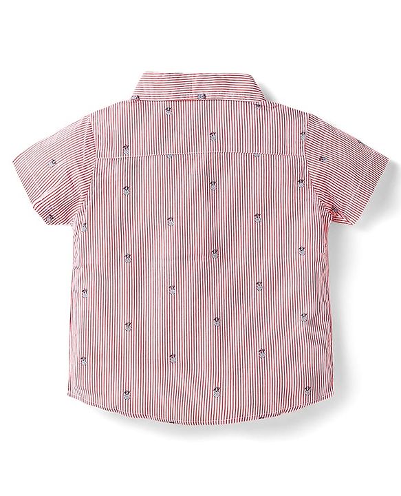 Babyhug Cotton Woven Half Sleeves Striped Shirt & Denim Shorts Set With Pineapple Print - Pink & Blue