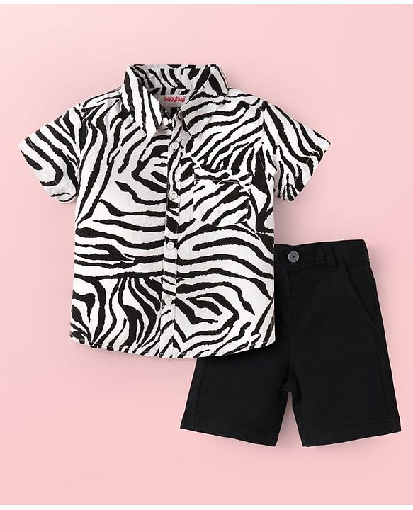 Babyhug Cotton Woven Half Sleeves Zebra Printed Shirt & Solid Denim Shorts Set - White & Black