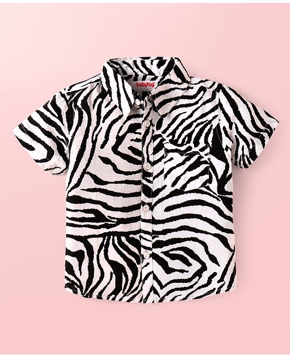 Babyhug Cotton Woven Half Sleeves Zebra Printed Shirt & Solid Denim Shorts Set - White & Black