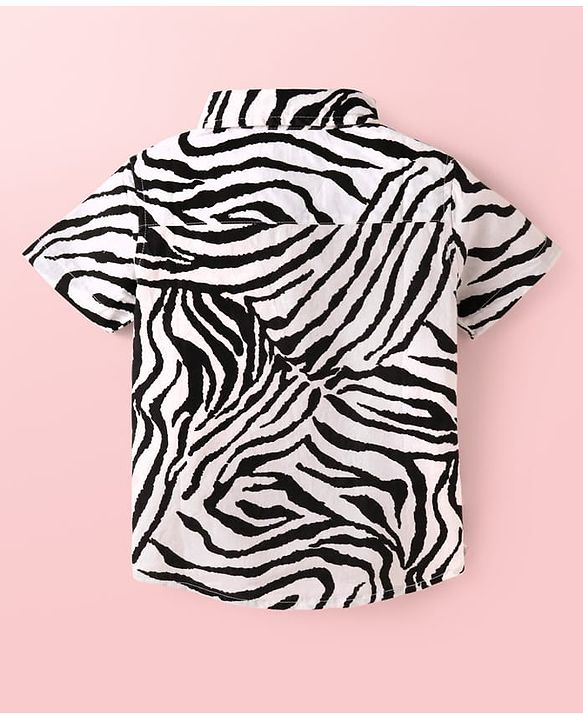 Babyhug Cotton Woven Half Sleeves Zebra Printed Shirt & Solid Denim Shorts Set - White & Black