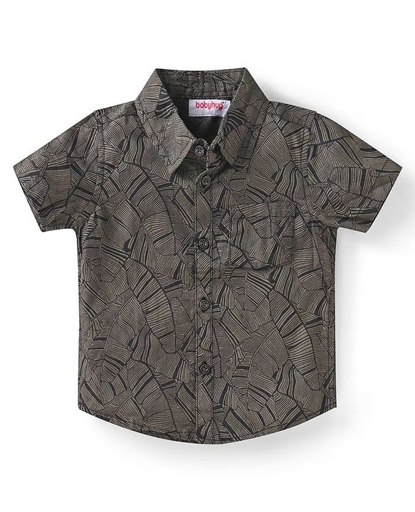 Babyhug Cotton Woven Half Sleeves Leaf Printed Shirt & Denim Shorts Set - Brown
