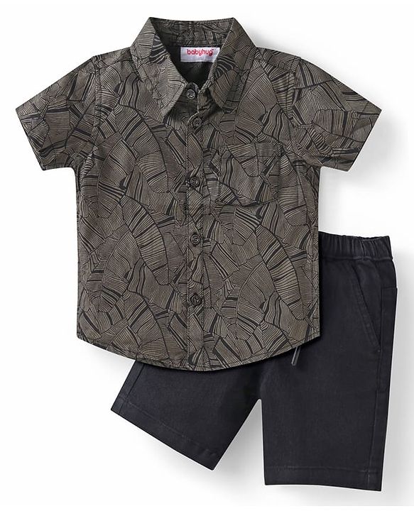 Babyhug Cotton Woven Half Sleeves Leaf Printed Shirt & Denim Shorts Set - Brown