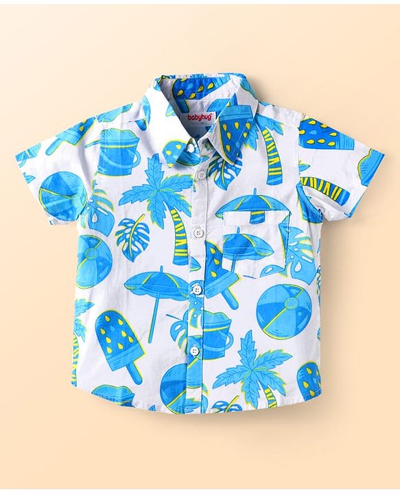 Babyhug Cotton Woven Half Sleeves Tropical Theme Printed Shirt & Solid Denim Jeans Set - White & Blue