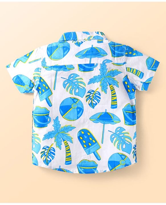 Babyhug Cotton Woven Half Sleeves Tropical Theme Printed Shirt & Solid Denim Jeans Set - White & Blue