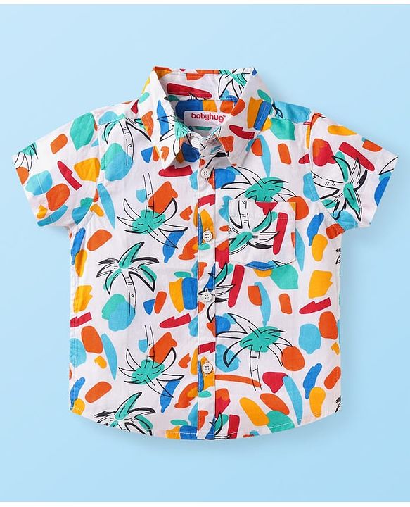 Babyhug Cotton Woven Half Sleeves Tree Printed Shirt & Denim Shorts Set - White & Light Blue