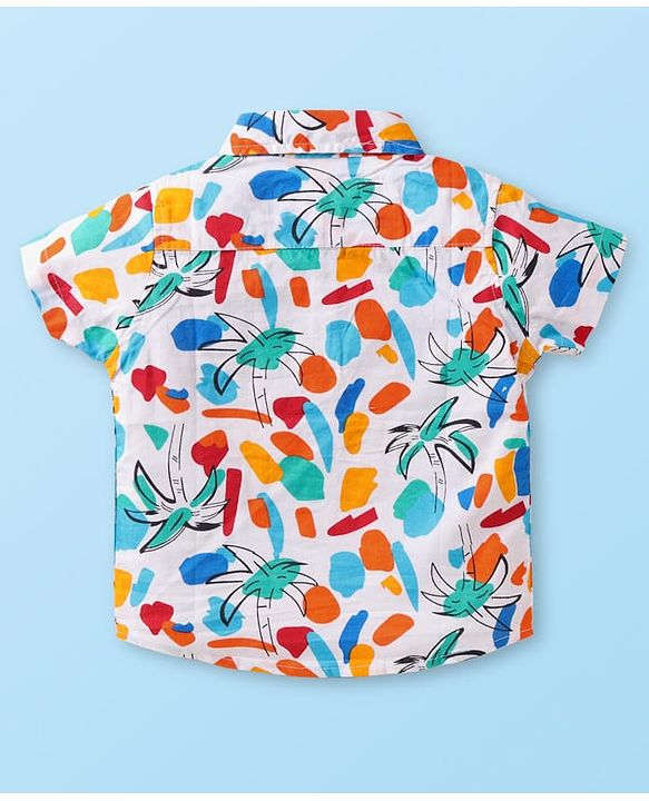 Babyhug Cotton Woven Half Sleeves Tree Printed Shirt & Denim Shorts Set - White & Light Blue