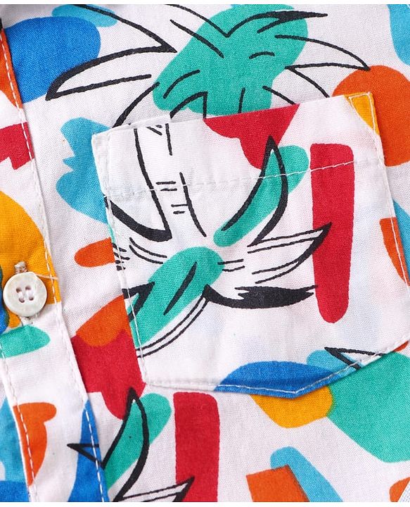 Babyhug Cotton Woven Half Sleeves Tree Printed Shirt & Denim Shorts Set - White & Light Blue