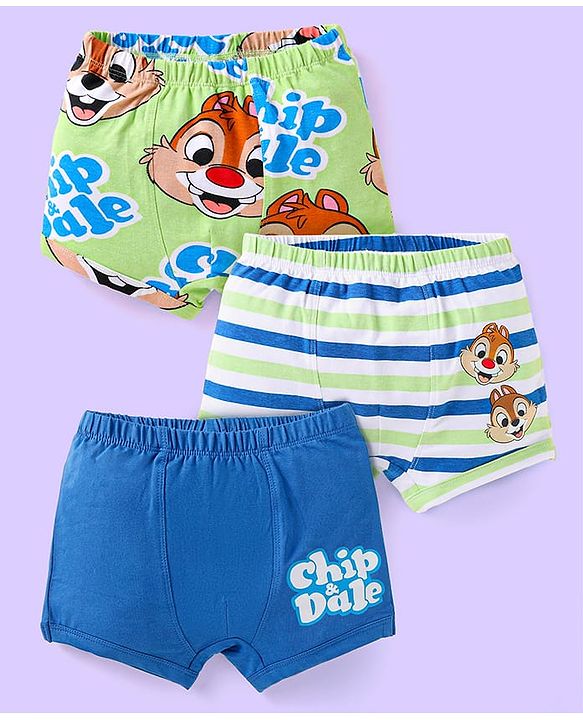 Babyhug Disney Cotton Knit Trunks With Chip N Dale Graphics Pack of 3 - Green & Blue