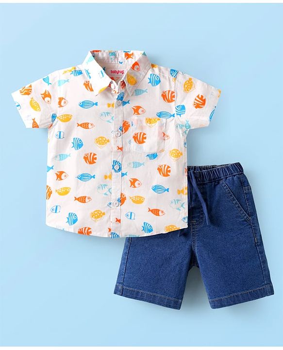 Babyhug Cotton Woven Half Sleeves Sea Life Printed Shirt & Denim Shorts -  White & Blue