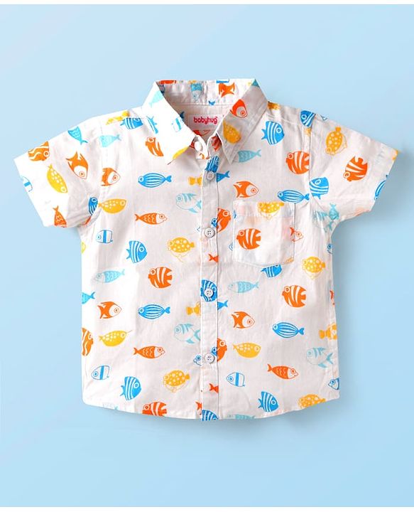 Babyhug Cotton Woven Half Sleeves Sea Life Printed Shirt & Denim Shorts -  White & Blue