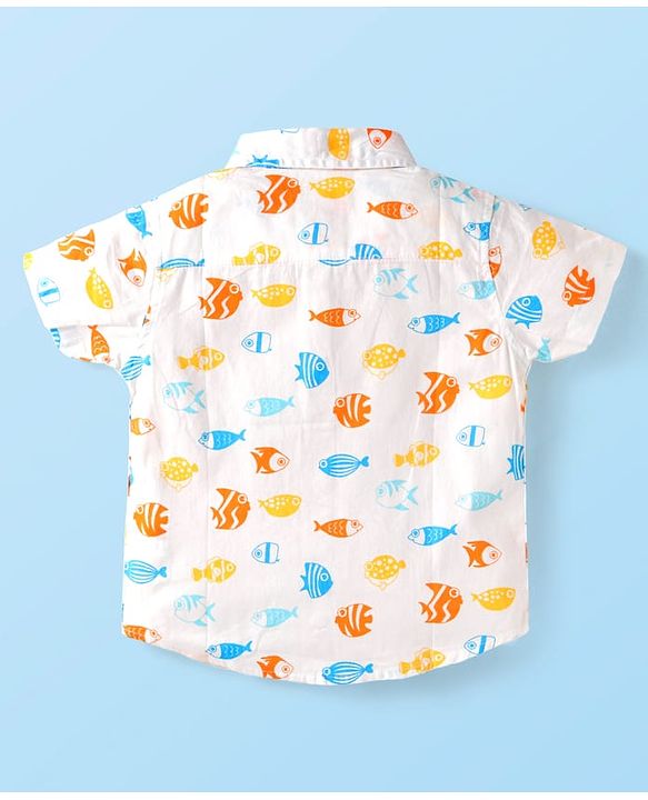 Babyhug Cotton Woven Half Sleeves Sea Life Printed Shirt & Denim Shorts -  White & Blue