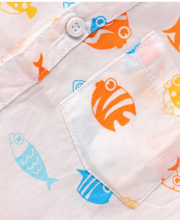 Babyhug Cotton Woven Half Sleeves Sea Life Printed Shirt & Denim Shorts -  White & Blue
