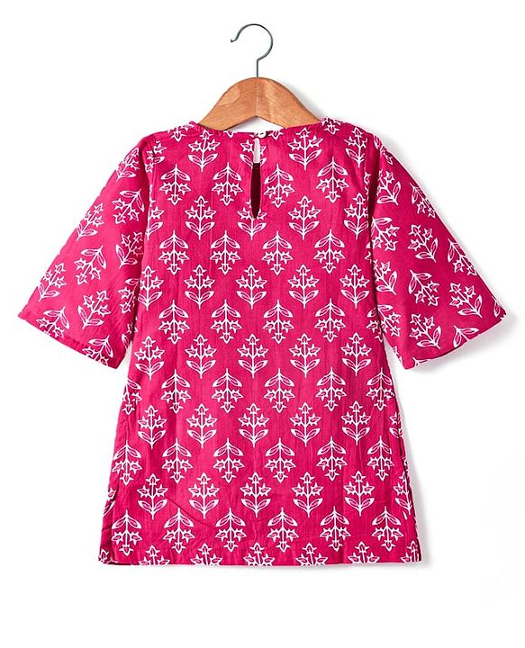Babyhug Cotton Woven Three Fourth Sleeves Kurta & Churidar with Dupatta Floral Print - Dark Pink