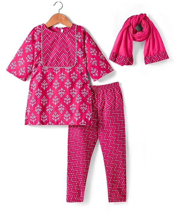 Babyhug Cotton Woven Three Fourth Sleeves Kurta & Churidar with Dupatta Floral Print - Dark Pink