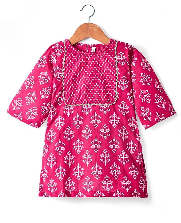 Babyhug Cotton Woven Three Fourth Sleeves Kurta & Churidar with Dupatta Floral Print - Dark Pink