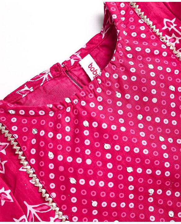 Babyhug Cotton Woven Three Fourth Sleeves Kurta & Churidar with Dupatta Floral Print - Dark Pink