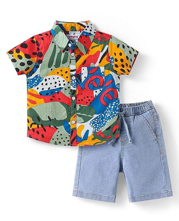 Babyhug Cotton Woven Half Sleeves Printed Shirt & Denim Shorts Set - Red & Blue