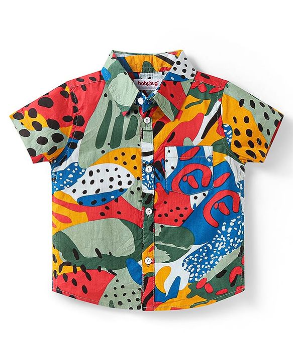 Babyhug Cotton Woven Half Sleeves Printed Shirt & Denim Shorts Set - Red & Blue
