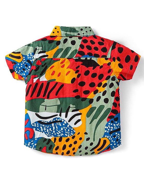 Babyhug Cotton Woven Half Sleeves Printed Shirt & Denim Shorts Set - Red & Blue