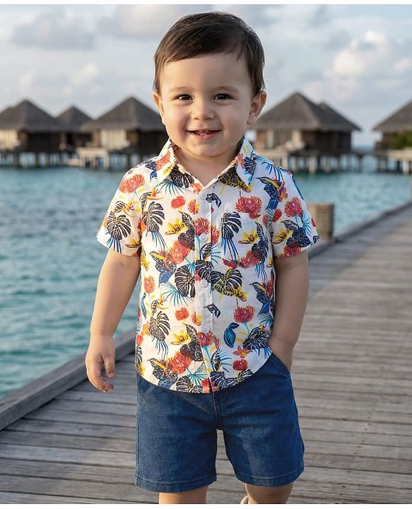 Babyhug Cotton Woven Half Sleeves Floral Printed Shirt & Denim Shorts Set - White & Blue