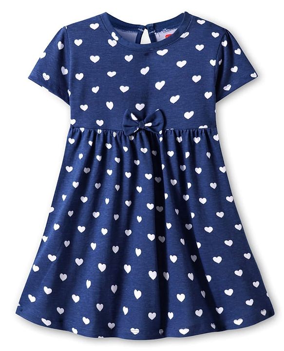 Babyhug Single Jersey Knit Half Sleeves Frock with Hearts Print & Bow Applique - Navy Blue