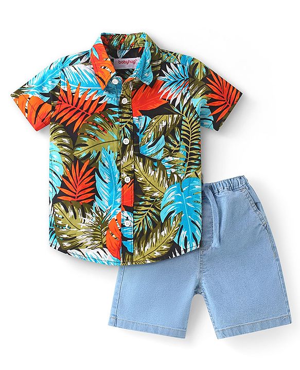 Babyhug Cotton Woven Half Sleeves Leaf Printed Shirt & Denim Shorts Set - Multicolor & Blue