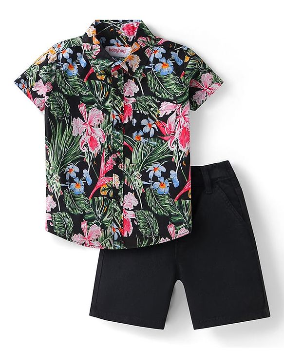 Babyhug Cotton Woven Half Sleeves Floral Printed Shirt & Denim Shorts Set - Black