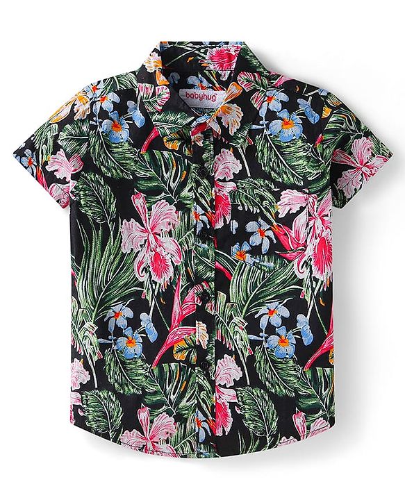 Babyhug Cotton Woven Half Sleeves Floral Printed Shirt & Denim Shorts Set - Black