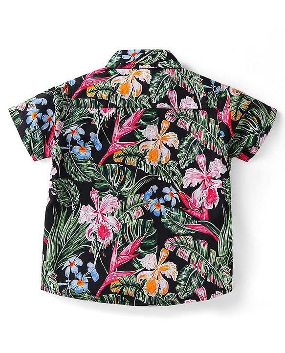 Babyhug Cotton Woven Half Sleeves Floral Printed Shirt & Denim Shorts Set - Black