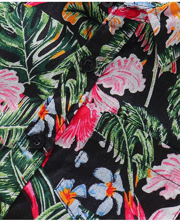 Babyhug Cotton Woven Half Sleeves Floral Printed Shirt & Denim Shorts Set - Black