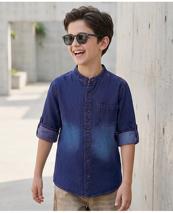 Pine Kids Woven Full Sleeves Washed Mandarin Collar Denim Shirt - Navy Blue