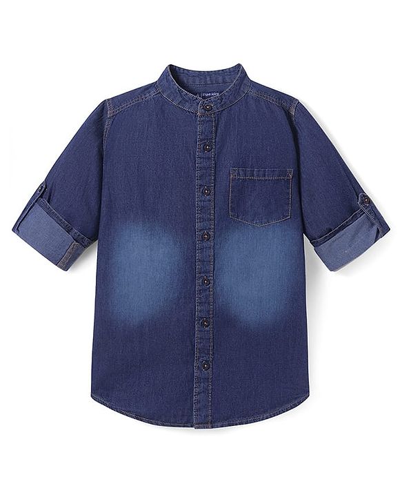 Pine Kids Woven Full Sleeves Washed Mandarin Collar Denim Shirt - Navy Blue