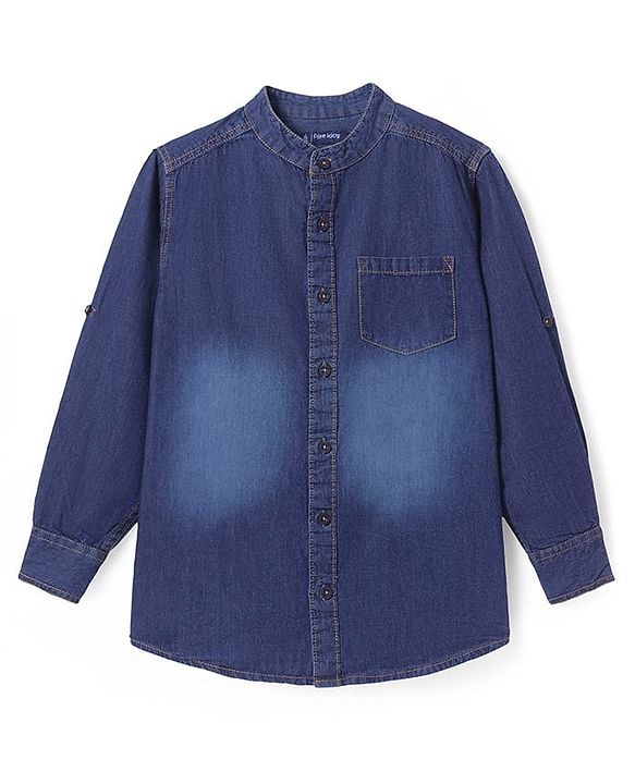 Pine Kids Woven Full Sleeves Washed Mandarin Collar Denim Shirt - Navy Blue