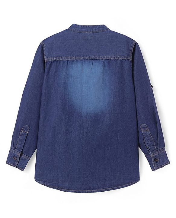 Pine Kids Woven Full Sleeves Washed Mandarin Collar Denim Shirt - Navy Blue