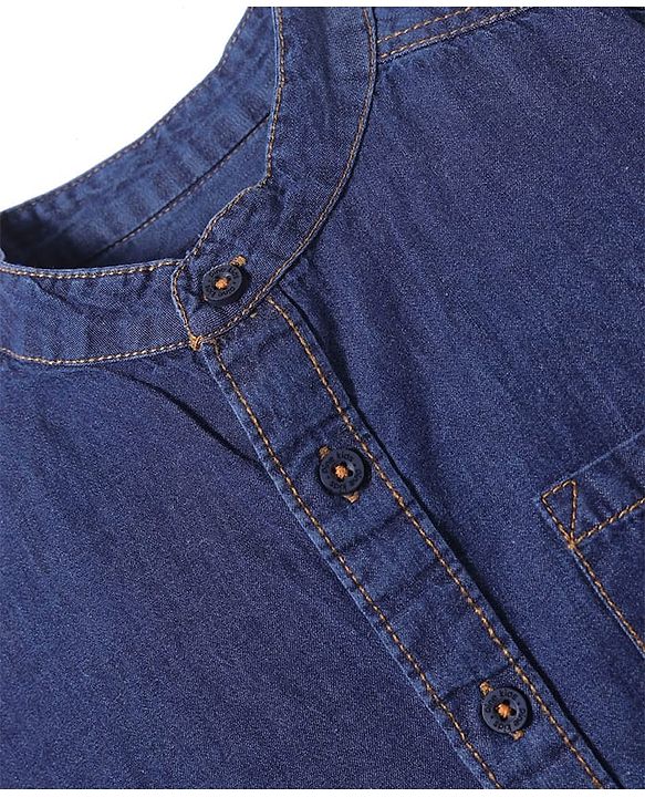 Pine Kids Woven Full Sleeves Washed Mandarin Collar Denim Shirt - Navy Blue