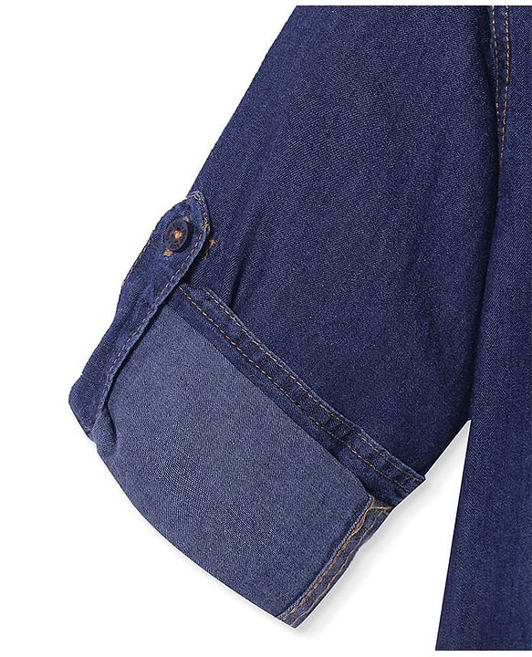 Pine Kids Woven Full Sleeves Washed Mandarin Collar Denim Shirt - Navy Blue