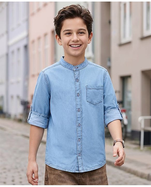 Pine Kids Woven Full Sleeves Washed Mandarin Collar Denim Shirt - Navy Blue