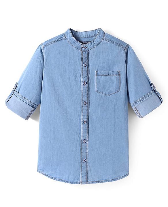 Pine Kids Woven Full Sleeves Washed Mandarin Collar Denim Shirt - Navy Blue