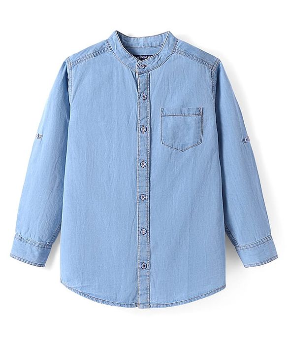 Pine Kids Woven Full Sleeves Washed Mandarin Collar Denim Shirt - Navy Blue