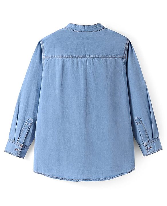 Pine Kids Woven Full Sleeves Washed Mandarin Collar Denim Shirt - Navy Blue