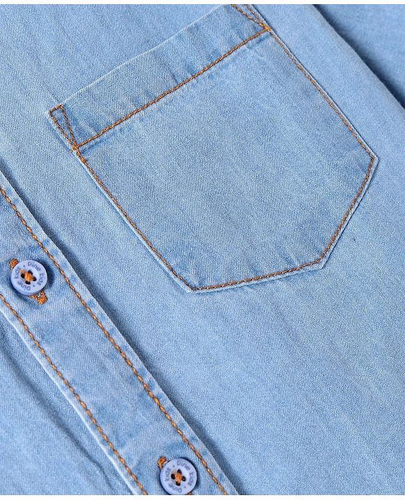Pine Kids Woven Full Sleeves Washed Mandarin Collar Denim Shirt - Navy Blue
