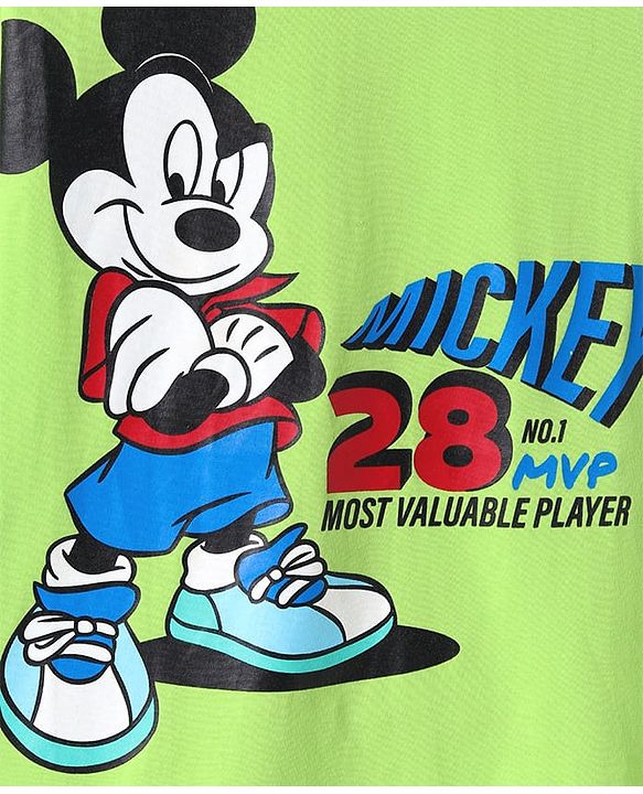 Pine kids Disney Single Jersey Knit Half Sleeves T-Shirt with Mickey Mouse Front & Back Graphics - Limegreen