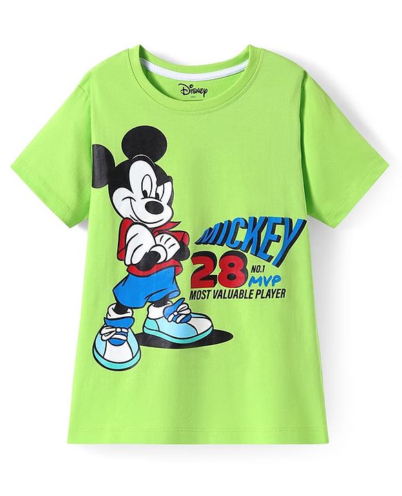 Pine kids Disney Single Jersey Knit Half Sleeves T-Shirt with Mickey Mouse Front & Back Graphics - Limegreen