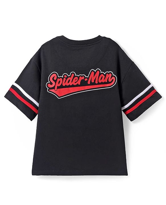 Pine Kids Marvel Terry Knit Half Drop Shoulder Sleeves Over Size Fit T-Shirt with Spider Man Graphic - Black