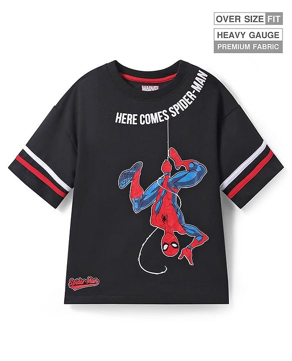 Pine Kids Marvel Terry Knit Half Drop Shoulder Sleeves Over Size Fit T-Shirt with Spider Man Graphic - Black