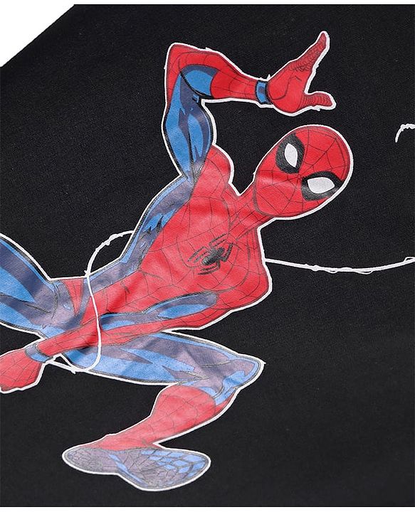 Pine Kids Marvel Terry Knit Half Drop Shoulder Sleeves Over Size Fit T-Shirt with Spider Man Graphic - Black