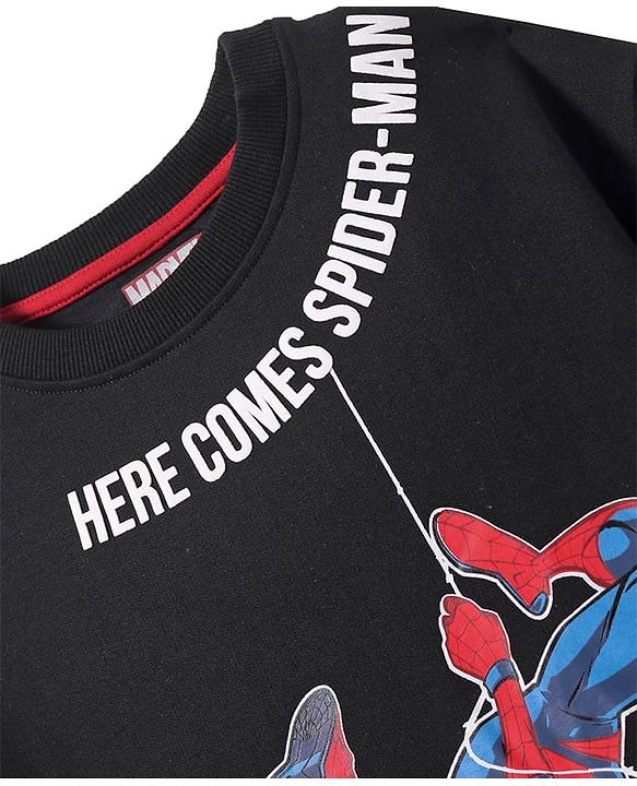 Pine Kids Marvel Terry Knit Half Drop Shoulder Sleeves Over Size Fit T-Shirt with Spider Man Graphic - Black