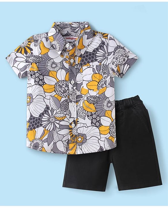 Babyhug Cotton Woven Half Sleeves Floral Printed Shirt & Denim Shorts Set - Grey