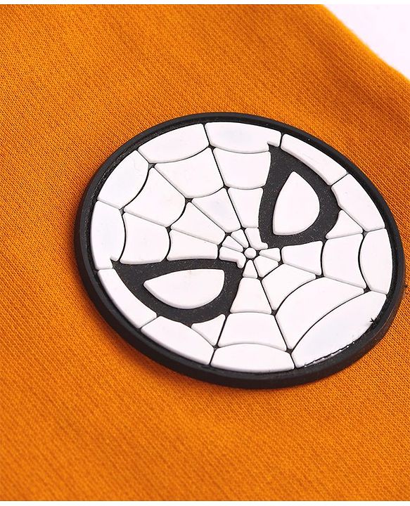 Pine Kids Disney Terry Knit Half Drop Shoulder Sleeves T-Shirt with Spiderman Graphics & Badge Detailing - Orange
